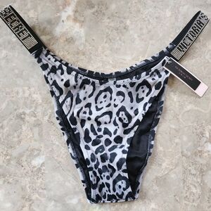 M L XL Victoria's Secret Shine Strap Brazilian Bikini Bottom Gray Cheetah